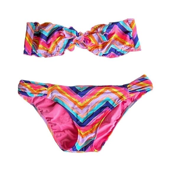 Victoria's Secret Y2K Vintage Rainbow Foil Ruffle Chevron Stripe Bikini Set NWOT - Picture 4 of 10